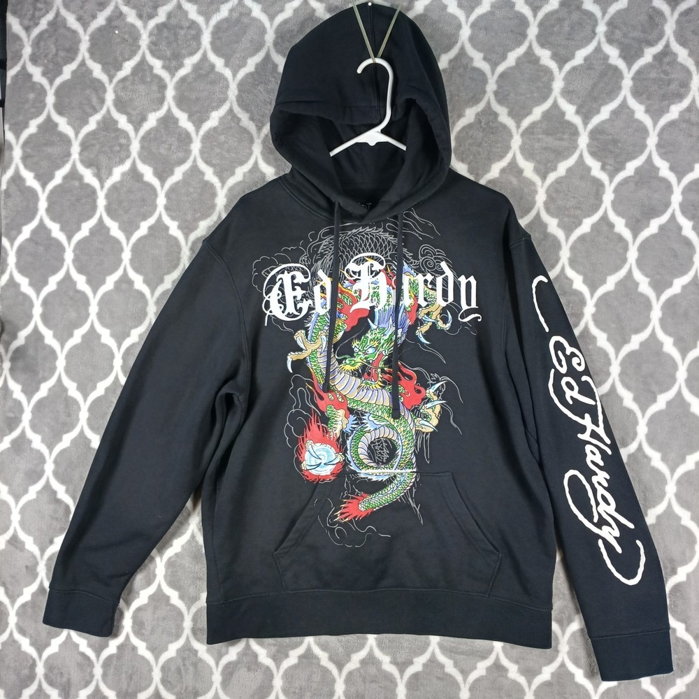 Ed Hardy Hoodie Men Large Black‎ Pullover Graphic Y2K Streetwear Kangaroo Dragon